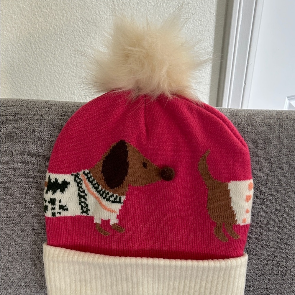 BP Kids (small heads) Hot Pink and Cream Weiner Dog Pom-Pom Beanie